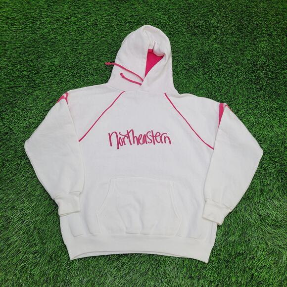 Vintage Northeastern Hoodie Womens Medium 20x21 White Pink - Picture 1 of 14